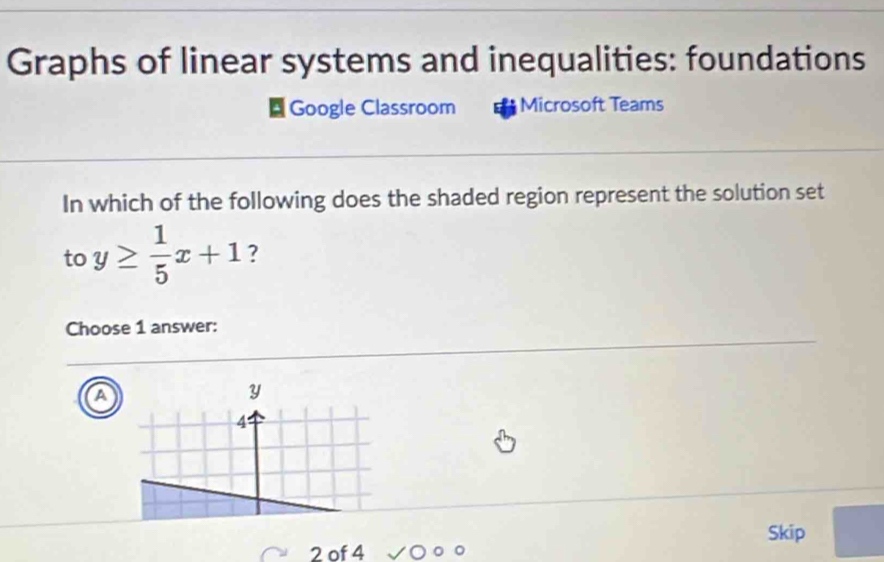 Graphs of linear systems and inequalities: foundations
Google Classroom Microsoft Teams
In which of the following does the shaded region represent the solution set
to y≥  1/5 x+1 ?
Choose 1 answer:
a
Y
4
Skip
2 of 4