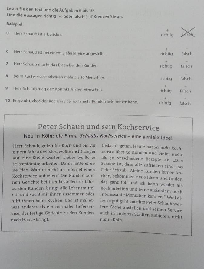 Lesen Sie den Text und die Aufgaben 6 bis 10.
Sind die Aussagen richtig (+) oder falsch (-)? Kreuzen Sie an.
Beispiel
0 Herr Schaub ist arbeitslos. richtig
6 Herr Schaub ist bei einem Lieferservice angestellt. richtig falsch
7 Herr Schaub macht das Essen bei den Kunden. richtig falsch
+
8 Beim Kochservice arbeiten mehr als 30 Menschen. richtig falsch
+
9 Herr Schaub mag den Kontakt zu den Menschen. richtig falsch
10 Er glaubt, dass der Kochservice noch mehr Kunden bekommen kann. richtig falsch
Peter Schaub und sein Kochservice
Neu in Köln: die Firma Schaubs Kochservice - eine geniale Idee!
Herr Schaub, gelernter Koch und bis vor Gedacht. getan: Heute hat Schaubs Koch-
einem Jahr arbeitslos, wollte nicht langer service über 30 Kunden und bietet mehr
auf eine Stelle warten. Lieber wollte er als 50 verschiedene Rezepte an. „Das
selbstständig arbeiten. Dann hatte er ei- Schöne ist, dass alle zufrieden sind'', so
ne Idee: Warum nicht im Internet einen Peter Schaub. „,Meine Kunden lernen ko-
Kochservice anbieten? Die Kunden kön- chen, bekommen neue Ideen und finden
nen Gerichte bei ihm bestellen, er fährt das ganz toll und ich kann wieder als
zu den Kunden, bringt alle Lebensmittel Koch arbeiten und lerne außerdem noch
mit und kocht mit ihnen zusammen oder interessante Menschen kennen." Weil al-
hilft ihnen beim Kochen. Das ist mal et les so gut geht, möchte Peter Schaub wer
was anderes als ein normaler Lieferser- tere Köche anstellen und seinen Service
vice, der fertige Gerichte zu den Kunden auch in anderen Städten anbieten, nicht
nach Hause bringt. nur in Köln.