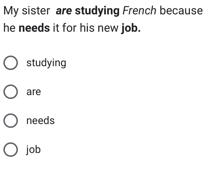 My sister are studying French because
he needs it for his new job.
studying
are
needs
job