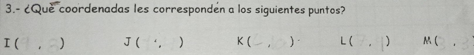 3.- ¿Que coordenadas les corresponden a los siguientes puntos?
I (  J ( , ) K( L( M (