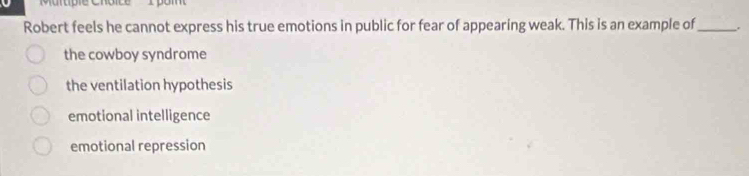 Robert feels he cannot express his true emotions in public for fear of appearing weak. This is an example of_ .
the cowboy syndrome
the ventilation hypothesis
emotional intelligence
emotional repression