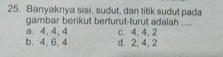 Banyaknya sisi, sudut, dan titik sudut pada
gambar berikut berturut-turut adalah ....
a. 4, 4, 4 c. 4, 4, 2
b. 4, 6, 4 d. 2, 4, 2