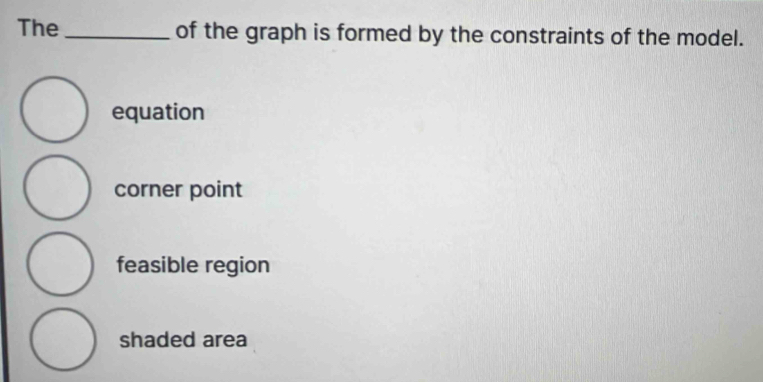 The _of the graph is formed by the constraints of the model.
equation
corner point
feasible region
shaded area