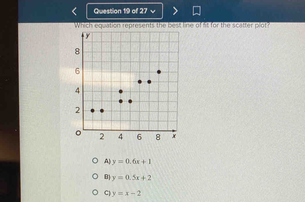 Which equation represents the best line of fit for the scatter plot?
A) y=0.6x+1
B) y=0.5x+2
C) y=x-2