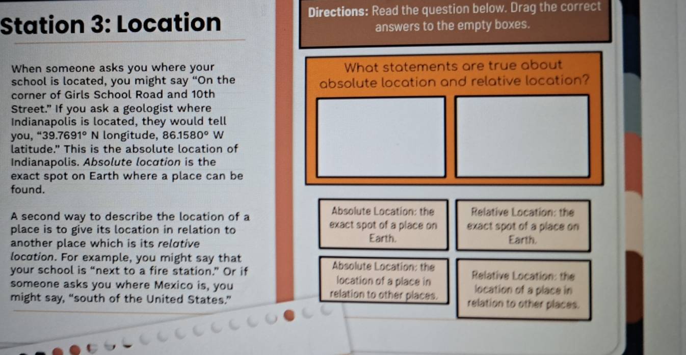 Directions: Read the question below. Drag the correct Station 3: Location  answers to the [Social Science], image size:1346x697
