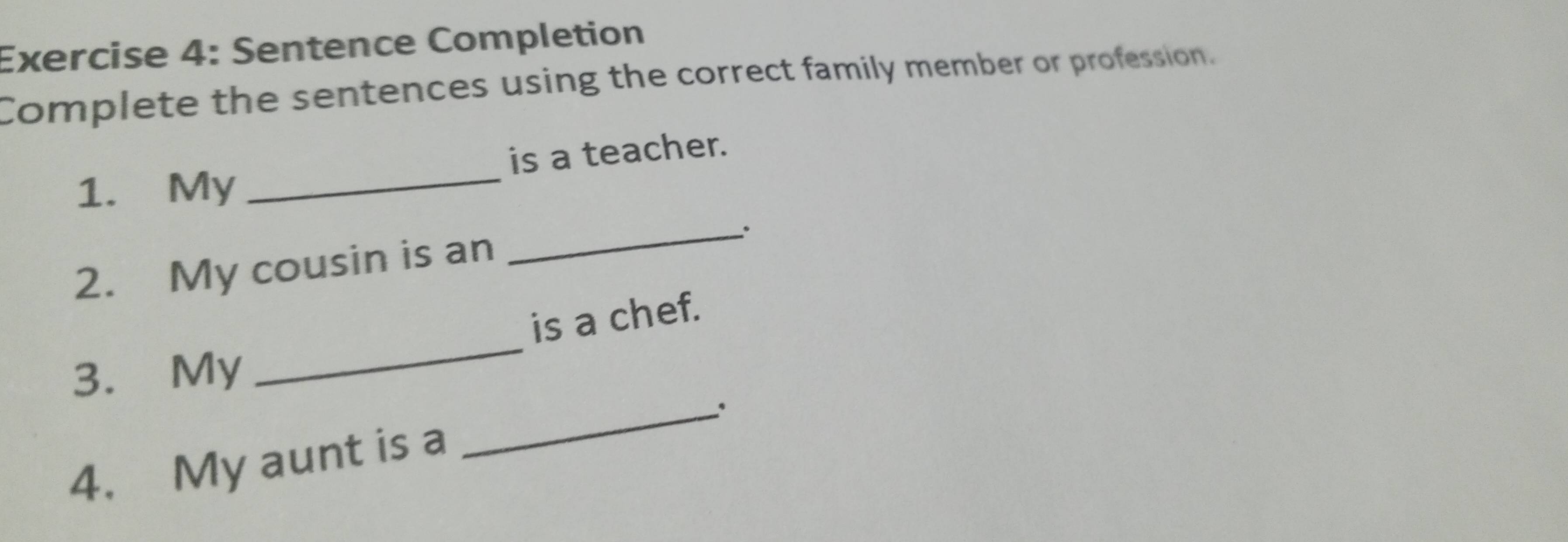 Sentence Completion 
Complete the sentences using the correct family member or profession. 
1. My _is a teacher. 
2. My cousin is an 
_ 
_ 
is a chef. 
_ 
3. My 
4. My aunt is a