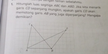 de ngan teman sebelahmu. 
1. Hitunglah luas segitiga ABC dan ABD. Jika kita menarik 
garis CD sepanjang mungkin, apakah garis CD akan 
memotong garis AB yang juga diperpanjang? Mengapa 
demikian?