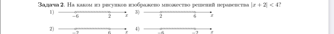 Задача 2. Накаком из рисунков изображено множество решений неравенства |x+2|<4</tex> 2 
1)
-2 6 x ) -6 -2