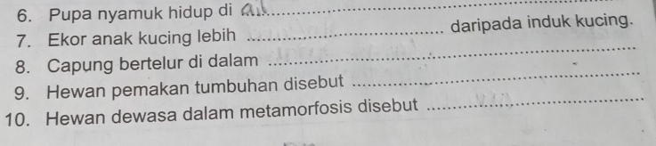 Pupa nyamuk hidup di 
_ 
7. Ekor anak kucing lebih _daripada induk kucing. 
8. Capung bertelur di dalam 
_ 
9. Hewan pemakan tumbuhan disebut 
_ 
10. Hewan dewasa dalam metamorfosis disebut 
_
