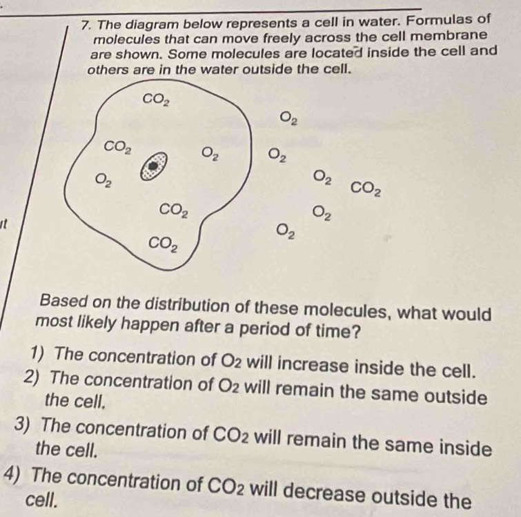 The diagram below represents a cell in water. Formulas of
molecules that can move freely across the cell membrane
are shown. Some molecules are located inside the cell and
others are in the water outside the cell.
O_2
O_2
O_2 CO_2
it
O_2
O_2
Based on the distribution of these molecules, what would
most likely happen after a period of time?
1) The concentration of O_2 will increase inside the cell.
2) The concentration of O_2 will remain the same outside
the cell.
3) The concentration of CO_2 will remain the same inside
the cell.
4) The concentration of CO_2 will decrease outside the
cell.