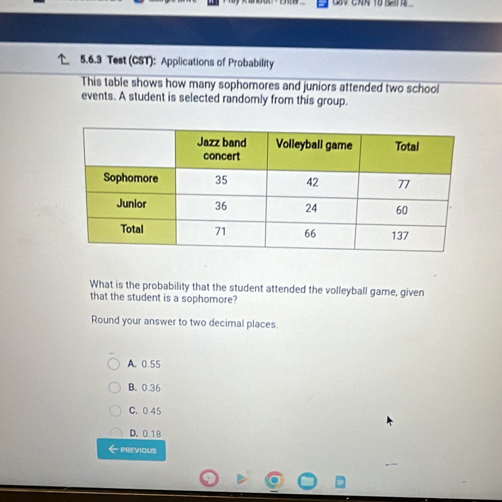 6SV CNN 10 Bei A
5.6.3 Test (CST): Applications of Probability
This table shows how many sophomores and juniors attended two school
events. A student is selected randomly from this group.
What is the probability that the student attended the volleyball game, given
that the student is a sophomore?
Round your answer to two decimal places.
A. 0.55
B. 0.36
C. 0 45
D. 0 18
PREVIOUS