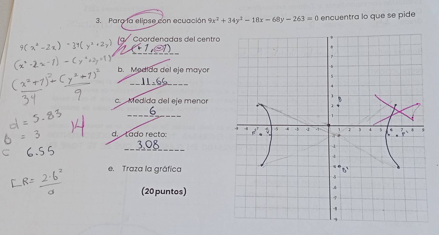 Para la elipse con ecuación 9x^2+34y^2-18x-68y-263=0 encuentra lo que se pide 
α Coordenadas del centro 
b. Medida del eje mayor 
_ 
c. Medida del eje menor 
_ 
d. Lado recto: 
_ 
e. Traza la gráfica 
(20 puntos)