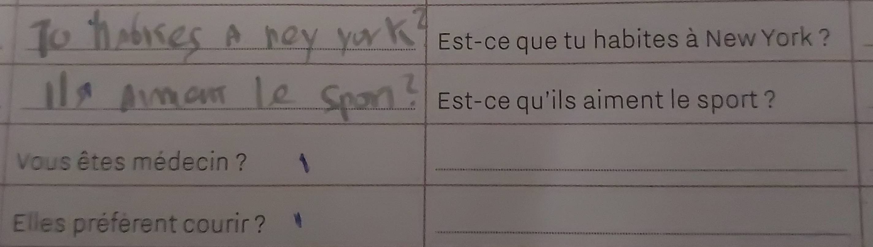 Est-ce que tu habites à New York ? 
Est-ce qu'ils aiment le sport ? 
Vous êtes médecin ?_ 
Elles préfèrent courir ?_