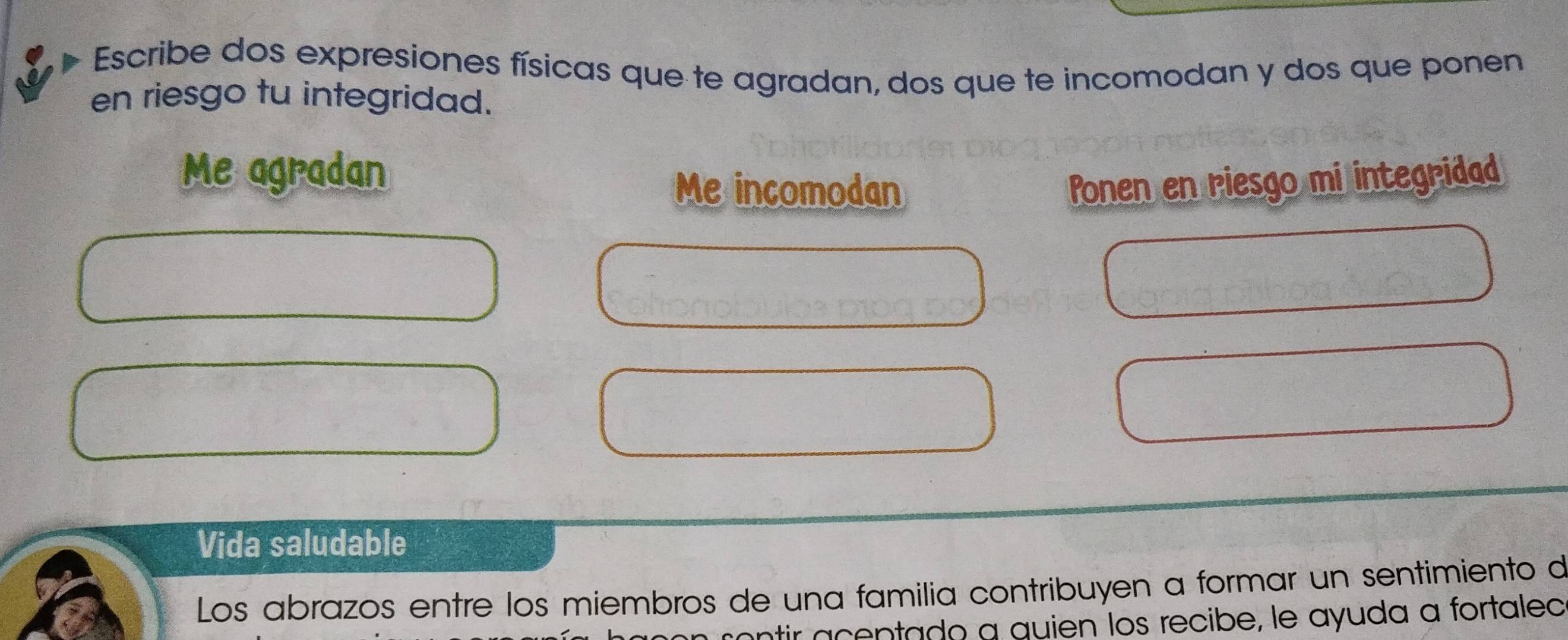 Escribe dos expresiones físicas que te agradan, dos que te incomodan y dos que ponen 
en riesgo tu integridad. 
Me agradan 
Me incomodan Ponen en riesgo mi integridad 
Vida saludable 
Los abrazos entre los miembros de una familia contribuyen a formar un sentimiento d 
ntir acentado a quien los recibe, le ayuda a fortalec