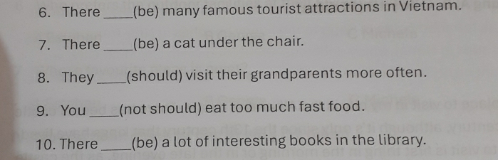 There_ (be) many famous tourist attractions in Vietnam. 
7. There _(be) a cat under the chair. 
8. They_ (should) visit their grandparents more often. 
9. You _(not should) eat too much fast food. 
10. There _(be) a lot of interesting books in the library.