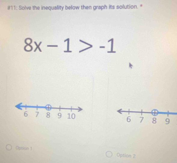 #11: Solve the inequality below then graph its solution. *
8x-1>-1

Option 1
Option 2