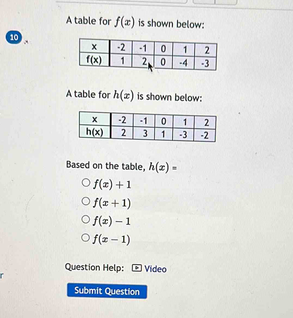 A table for f(x) is shown below:
10
A table for h(x) is shown below:
Based on the table, h(x)=
f(x)+1
f(x+1)
f(x)-1
f(x-1)
Question Help: Video
Submit Question