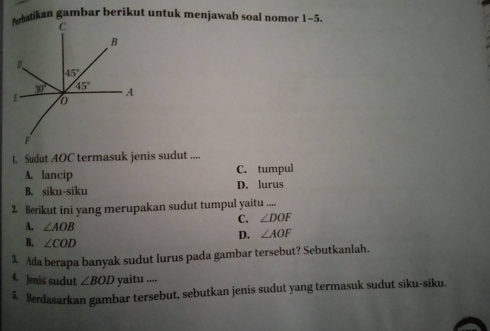 1-5.
1. Sudut AOC termasuk jenis sudut ....
A. lancip
C. tumpul
B. siku-siku
D. lurus
2. Berikut ini yang merupakan sudut tumpul yaitu ....
A. ∠ AOB
C. ∠ DOF
D. ∠ AOF
B. ∠ COD
3. Ada berapa banyak sudut lurus pada gambar tersebut? Sebutkanlah.
4. Jenis sudut ∠ BOD yaitu ....
5. Berdasarkan gambar tersebut, sebutkan jenis sudut yang termasuk sudut siku-siku.