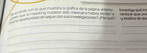 De acuerdo con lo que muestra la gráfica de la página anterior, Investiga qué ns 
voees que si Hawking hubiese sido mexicano habría renido la rantizar que una 
_ 
_ 
misma oportunidad de seguir con sus investigaciones? ¿Por que y explica de qu 
_ 
_ 
_ 
_ 
_ 
_