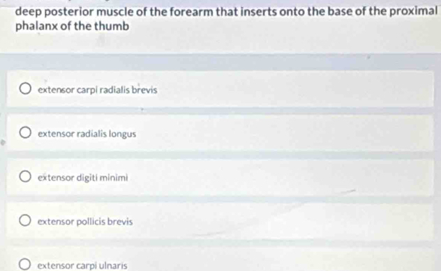 deep posterior muscle of the forearm that inserts onto the base of the proximal
phalanx of the thumb
extensor carpi radialis brevis
extensor radialis longus
extensor digiti minimi
extensor pollicis brevis
extensor carpi ulnaris