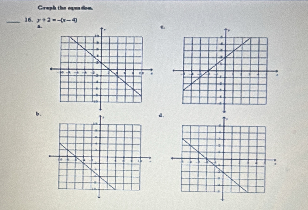 Graph the equation. 
_16. y+2=-(x-4)
a. 
c. 
b. 
d.