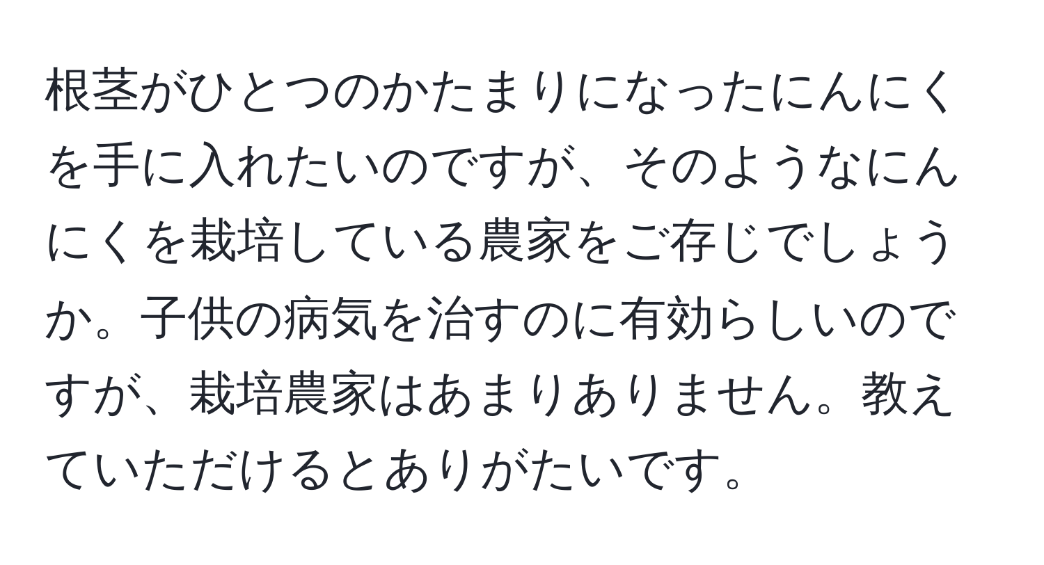 根茎がひとつのかたまりになったにんにくを手に入れたいのですが、そのようなにんにくを栽培している農家をご存じでしょうか。子供の病気を治すのに有効らしいのですが、栽培農家はあまりありません。教えていただけるとありがたいです。