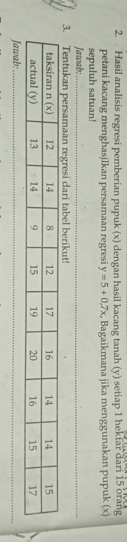 Hasil analisis regresi pemberian pupuk (x) dengan hasil kacang tanah (y) setiap 1 hektar dari 15 orang 
petani kacang menghasilkan persamaan regresi y=5+0,7x , Bagaikmana jika menggunakan pupuk (x) 
sepuluh satuan! 
Jawab:_ 
_ 
3. Tentukan persamaan regresi dari tabel berikut! 
Jawab:_