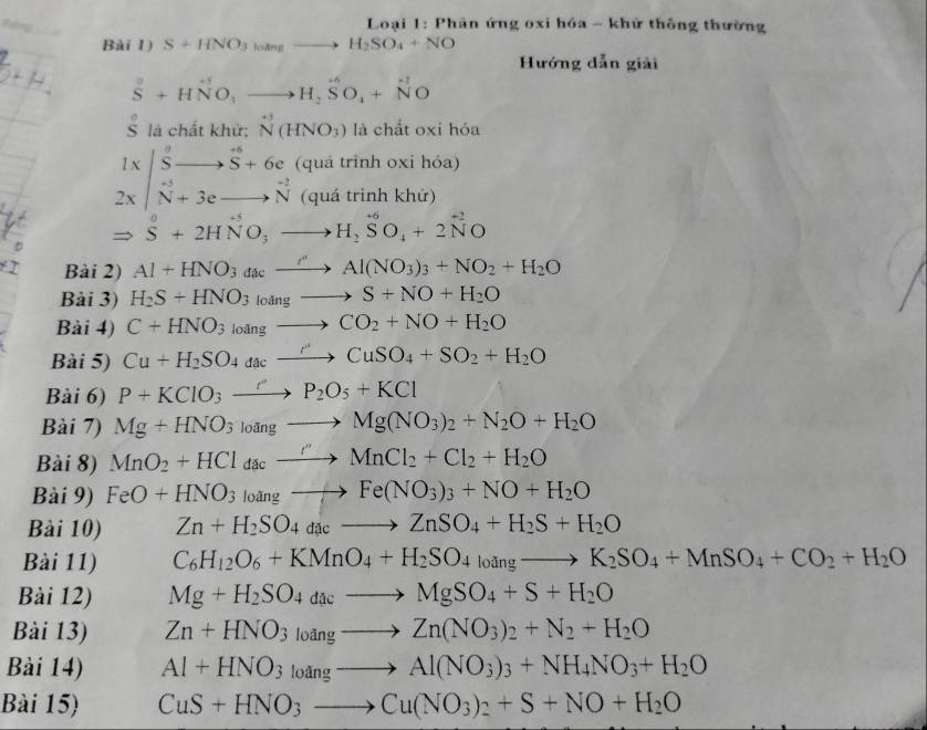 feng
_
* Loại 1: Phân ứng oxi hóa - khử thông thường
Bài 1) S+HNO_3 Ioangto H_2SO_4+NO
Hướng dẫn giải
S^(2endarray) +HNO_3to H_2SO_4O_4+NO
s^(0° là chất khử: N^+)(HNO_3) là chất oxi hóa
beginarrayr 1x 2xendarray |beginarrayr θ  S Nendarray beginarrayr +6beginarrayr +6 to  N+3e_ beginarrayr to  to endarray beginarrayr +6e N Nendarray (quá trinh oxỉ hóa)
(quá trình khử)
Rightarrow S^0+2HNO_3to H_2SO_4+2N^(+2)O
I Bài 2) Al+HNO_3dacxrightarrow '''Al(NO_3)_3+NO_2+H_2O
Bài 3) H_2S+HNO_3loangto S+NO+H_2O
Bài 4) C+HNO_3loangto CO_2+NO+H_2O
Bài 5) Cu+H_2SO_4dacxrightarrow rCuSO_4+SO_2+H_2O
Bài 6) P+KClO_3to P_rP_2O_5+KCl
Bài 7) Mg+HNO_3l_0angto Mg(NO_3)_2+N_2O+H_2O
Bài 8) MnO_2+HCl_dacto Mn''MnCl_2+Cl_2+H_2O
Bài 9) FeO+HNO_3loangto Fe(NO_3)_3+NO+H_2O
Bài 10) Zn+H_2SO_4dacto ZnSO_4+H_2S+H_2O
Bài 11) C_6H_12O_6+KMnO_4+H_2SO_4to K_2to K_2SO_4+MnSO_4+CO_2+H_2O
Bài 12) Mg+H_2SO_4dacto MgSO_4+S+H_2O
Bài 13) Zn+HNO_3loangto Zn(NO_3)_2+N_2+H_2O
Bài 14) Al+HNO_3to Al(NO_3)_3+NH_4NO_3+H_2O
Bài 15) CuS+HNO_3to Cu(NO_3)_2+S+NO+H_2O