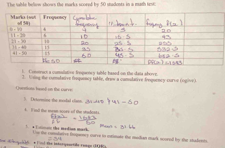 Solved: The table below shows the marks scored by 50 students in a math ...