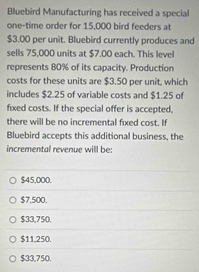 Bluebird Manufacturing has received a special
one-time order for 15,000 bird feeders at
$3.00 per unit. Bluebird currently produces and
sells 75,000 units at $7.00 each. This level
represents 80% of its capacity. Production
costs for these units are $3.50 per unit, which
includes $2.25 of variable costs and $1.25 of
fixed costs. If the special offer is accepted,
there will be no incremental fixed cost. If
Bluebird accepts this additional business, the
incremental revenue will be:
$45,000.
$7,500.
$33,750.
$11,250.
$33,750.