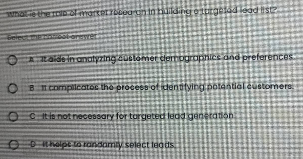 What is the role of market research in building a targeted lead list?
Select the correct answer.
A It aids in analyzing customer demographics and preferences.
B It complicates the process of identifying potential customers.
C It is not necessary for targeted lead generation.
D It helps to randomly select leads.