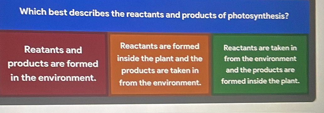 Which best describes the reactants and products of photosynthesis?
Reactants are formed
Reatants and Reactants are taken in
products are formed inside the plant and the from the environment
products are taken in and the products are
in the environment. from the environment. formed inside the plant.