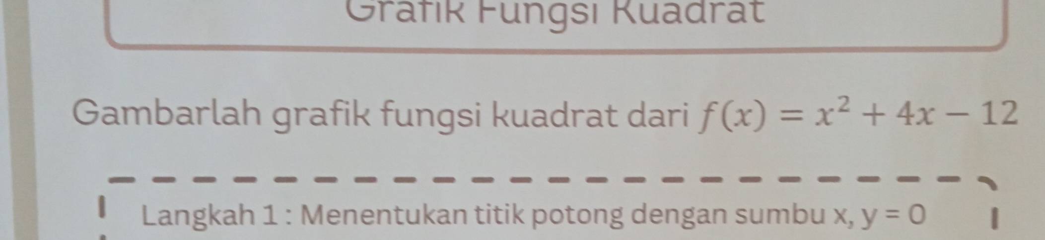 Gräfık Fungsı Kuadrät 
Gambarlah grafik fungsi kuadrat dari f(x)=x^2+4x-12
Langkah 1 : Menentukan titik potong dengan sumbu x, y=0