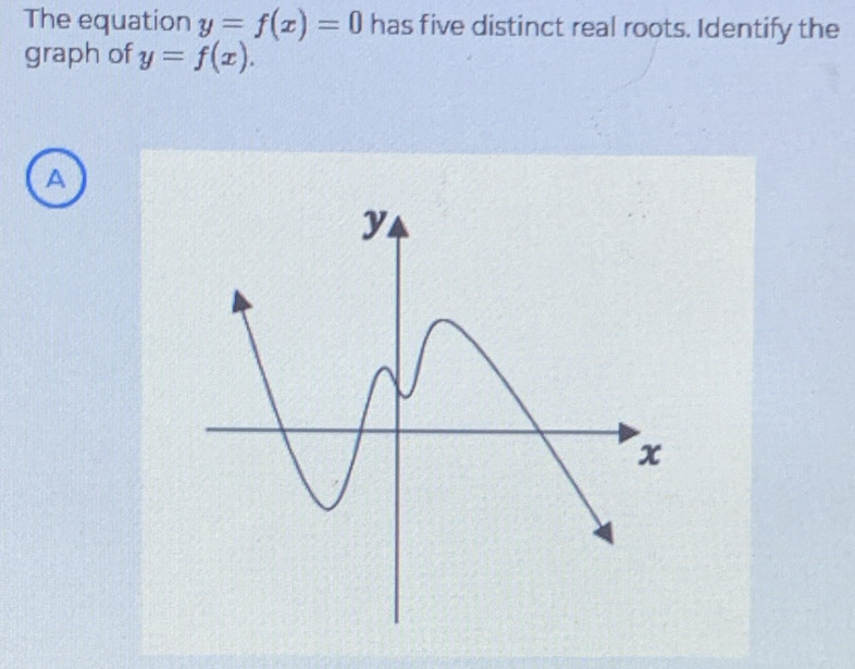 The equation y=f(x)=0 has five distinct real roots. Identify the
graph of y=f(x). 
A