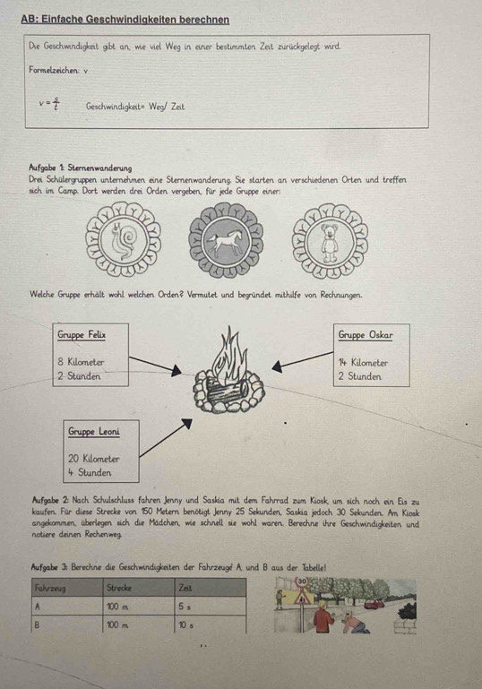 AB: Einfache Geschwindigkeiten berechnen 
Die Geschwindigkeit gibt an, wie viel Weg in einer bestimmten Zeit zurückgelegt wird. 
Formelzeichen: v
v= s/t  Geschwindigkeit= Weg/ Zeit 
Aufgabe 1: Sternenwanderung 
Drei Schülergruppen unternehmen eine Sternenwanderung. Sie starten an verschiedenen Orten und treffen 
sich im Camp. Dort werden drei Orden vergeben, für jede Gruppe einer: 
Welche Gruppe erhält wohl welchen Orden? Vermutet und begründet mithilfe von Rechnungen. 
Aufgabe 2: Nach Schulschluss fahren Jenny und Saskia mit dem Fahrrad zum Kiosk, um sich noch ein Eis zu 
kaufen. Für diese Strecke von 150 Metern benötigt Jenny 25 Sekunden, Saskia jedoch 30 Sekunden. Am Kiosk 
angekommen, überlegen sich die Mädchen, wie schnell sie wohl waren. Berechne ihre Geschwindigkeiten und 
notiere deinen Rechenweg 
Aufgabe 3: Berechne die Geschwindigkeiten der Fahrzeuge A. und B aus der Tabelle!