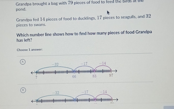 Grandpa brought a bag with 79 pieces of food to feed the birds at the
pond.
Grandpa fed 14 pieces of food to ducklings, 17 pieces to seagulls, and 32
pieces to swans.
Which number line shows how to find how many pieces of food Grandpa
has left?
Choose 1 answer:
A
B