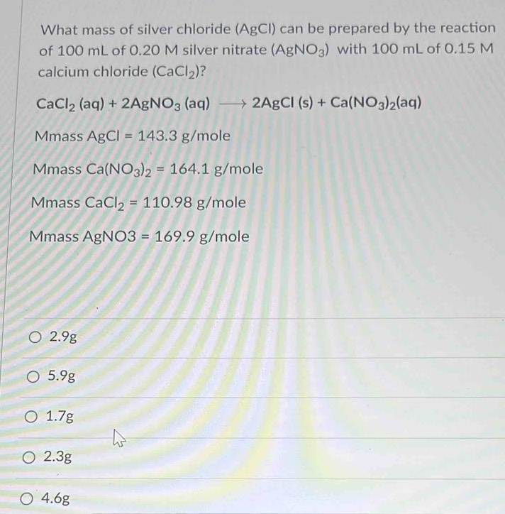 Solved: What mass of silver chloride (AgCl) can be prepared by the ...