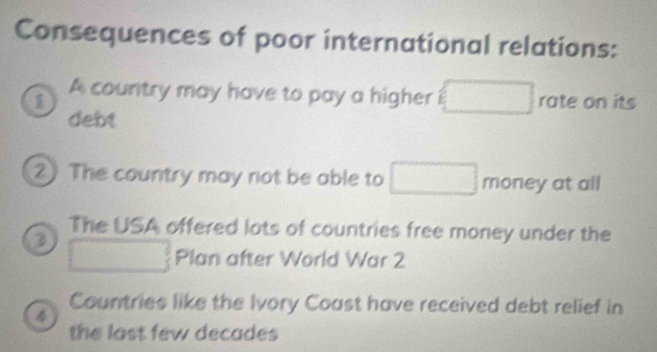 Consequences of poor international relations:
A country may have to pay a higher □ rate on its
debt
2 The country may not be able to □ money at all
The USA offered lots of countries free money under the
□ Plan after World War 2
Countries like the Ivory Coast have received debt relief in
4
the last few decades