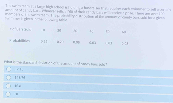 The swim team at a large high school is holding a fundraiser that requires each swimmer to sell a certain
amount of candy bars. Whoever sells all 60 of their candy bars will receive a prize. There are over 100
members of the swim team. The probability distribution of the amount of candy bars sold for a given
swimmer is given in the following table.
What is the standard deviation of the amount of candy bars sold?
12.16
147.76
16.8
10