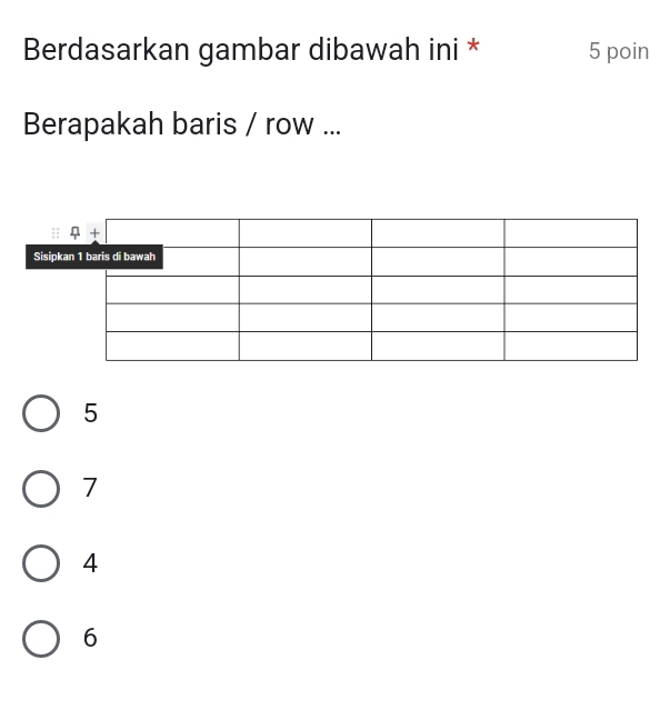 Berdasarkan gambar dibawah ini * 5 poin
Berapakah baris / row ...
5
7
4
6