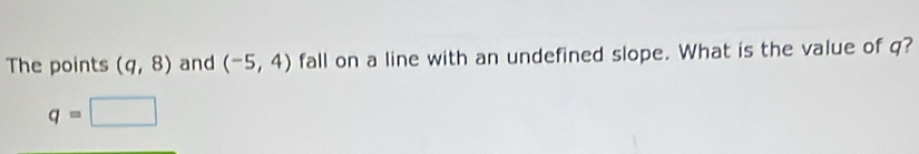 The points (q,8) and (-5,4) fall on a line with an undefined slope. What is the value of q?
q=□