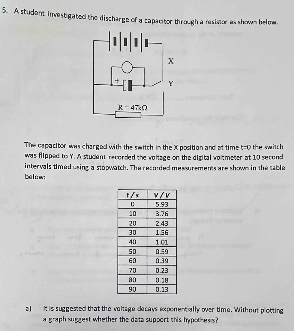 A student investigated the discharge of a capacitor through a resistor as shown below.
The capacitor was charged with the switch in the X position and at time t=0 the switch
was flipped to Y. A student recorded the voltage on the digital voltmeter at 10 second
intervals timed using a stopwatch. The recorded measurements are shown in the table
below:
a) It is suggested that the voltage decays exponentially over time. Without plotting
a graph suggest whether the data support this hypothesis?