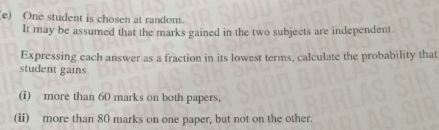 One student is chosen at random. 
It may be assumed that the marks gained in the two subjects are independent. 
Expressing each answer as a fraction in its lowest terms, calculate the probability that 
student gains 
(i) more than 60 marks on both papers, 
(ii) more than 80 marks on one paper, but not on the other.