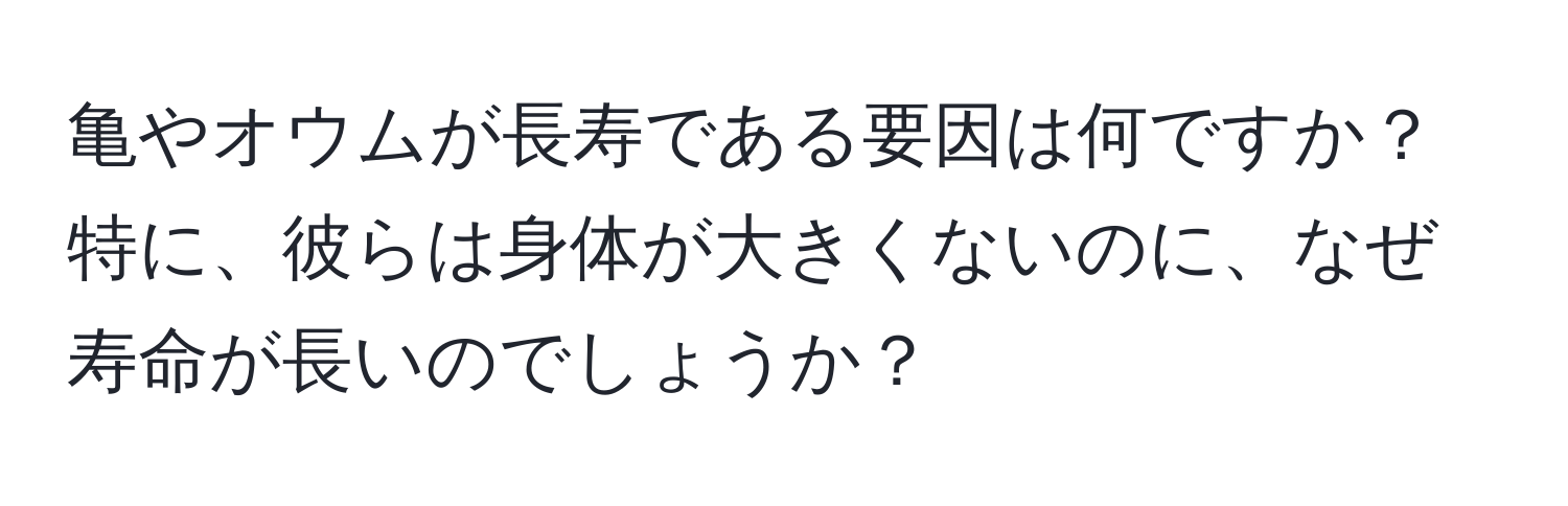 亀やオウムが長寿である要因は何ですか？特に、彼らは身体が大きくないのに、なぜ寿命が長いのでしょうか？