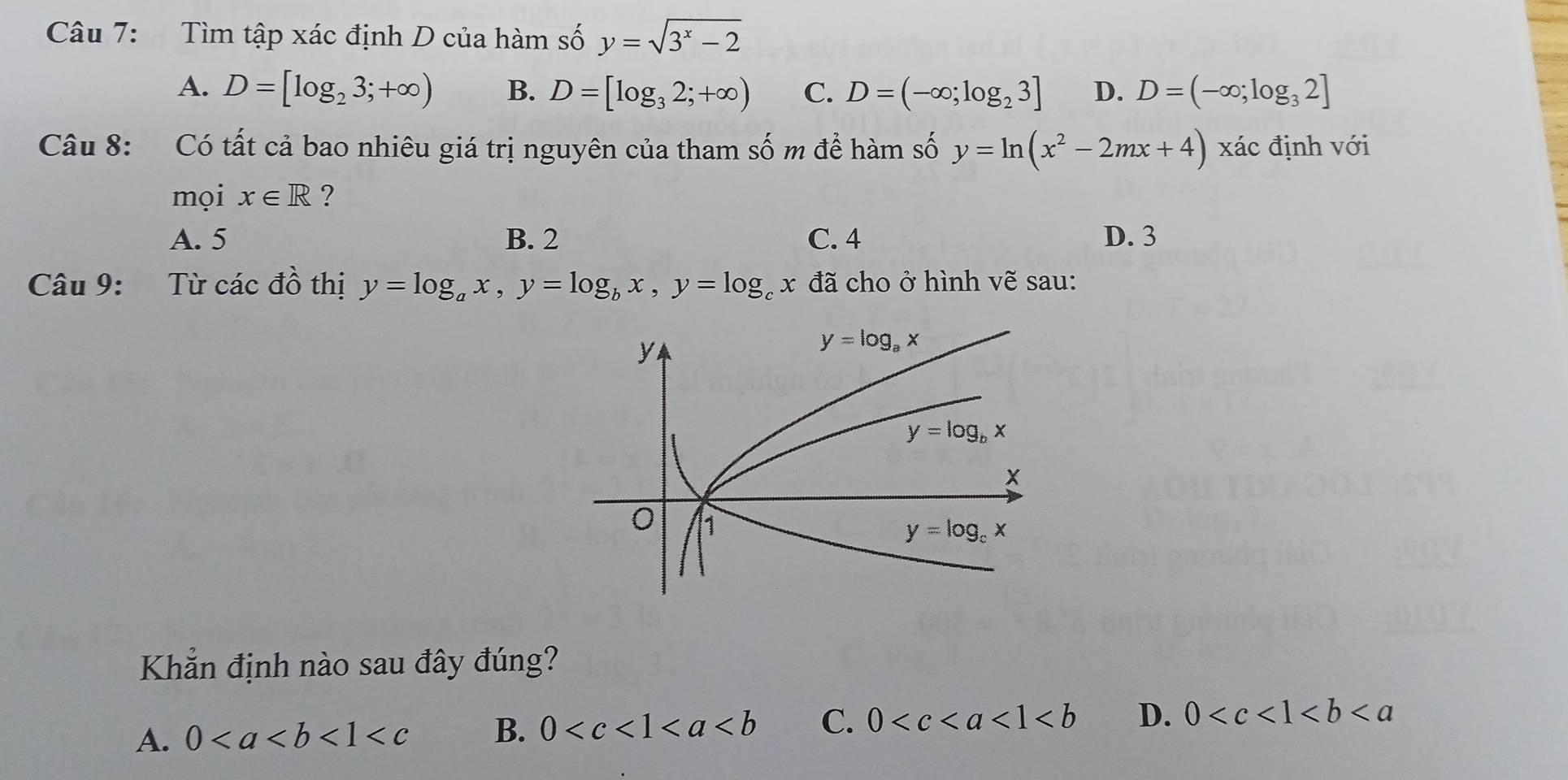 Tìm tập xác định D của hàm số y=sqrt(3^x-2)
A. D=[log _23;+∈fty ) B. D=[log _32;+∈fty ) C. D=(-∈fty ;log _23] D. D=(-∈fty ;log _32]
Câu 8: Có tất cả bao nhiêu giá trị nguyên của tham số m để hàm số y=ln (x^2-2mx+4) xác định với
mọi x∈ R ?
A. 5 B. 2 C. 4 D. 3
Câu 9: Từ các đồ thị y=log _ax,y=log _bx,y=log _cx đã cho ở hình vẽ sau:
Khẳn định nào sau đây đúng?
A. 0<1<c B. 0 C. 0 <1<b D. 0