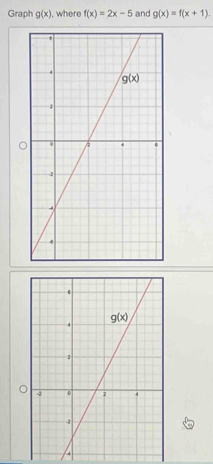 Graph g(x) , where f(x)=2x-5 and g(x)=f(x+1).