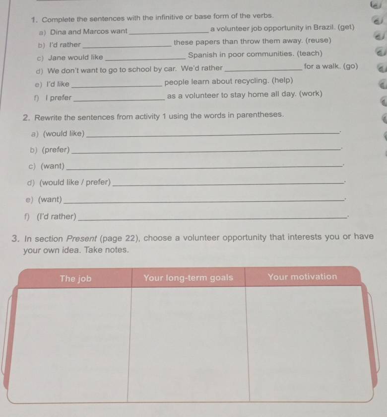 Complete the sentences with the infinitive or base form of the verbs. 
a) Dina and Marcos want _a volunteer job opportunity in Brazil. (get) 
b) I'd rather _these papers than throw them away. (reuse) 
c) Jane would like _Spanish in poor communities. (teach) 
d) We don't want to go to school by car. We'd rather _for a walk. (go) 
e) I'd like _people learn about recycling. (help) 
f) I prefer_ as a volunteer to stay home all day. (work) 
2. Rewrite the sentences from activity 1 using the words in parentheses. 
a) (would like)_ . 
b) (prefer)_ 
. 
c) (want)_ 
. 
d) (would like / prefer) _. 
e) (want)_ 
. 
f) (I'd rather)_ 
. 
3. In section Present (page 22), choose a volunteer opportunity that interests you or have 
your own idea. Take notes.