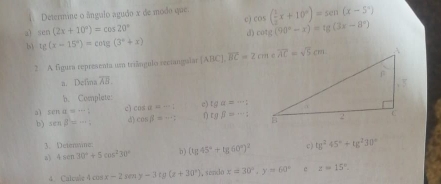 Determine o ângulo agudo x de modo que. cos ( 1/2 x+10°)=sen (x-5°)
c)
a) sen (2x+10°)=cos 20° cot g(90°-x)=tg(2x-8°)
d)
b) tg (x-15°)=cot (3°+x)
2 A figura representa um triângulo reeiangaiar
n. Dc ina overline AB.
b. Complete:
a) sin alpha =- c) cos alpha =-1 c) tga=-1
b) sen beta =·s ; d) cos beta =-2 tgbeta =-11
3. Detensine
a) 4sin 30°+5cos^230° b) (tg 45°+tg 60°)^2 c) tg^245°+tg^230°
4 Calowe 4cos x-2sin y-3 (t+30°) , sendo x=30°,y=60° c z=15°.