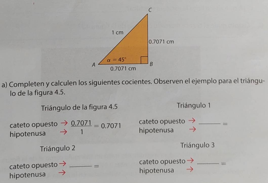 Completen y calculen los siguientes cocientes. Observen el ejemplo para el triángu-
lo de la figura 4.5.
Triángulo de la figura 4.5 Triángulo 1
cateto opuesto_
cateto opu =
hipotenusa estobeginarrayr to  to endarray  (0.7071)/1 =0.7071 hipotenusa
Triángulo 2 Triángulo 3
cateto opuesto _cateto opuesto_
=
=
hipotenusa
hipotenusa