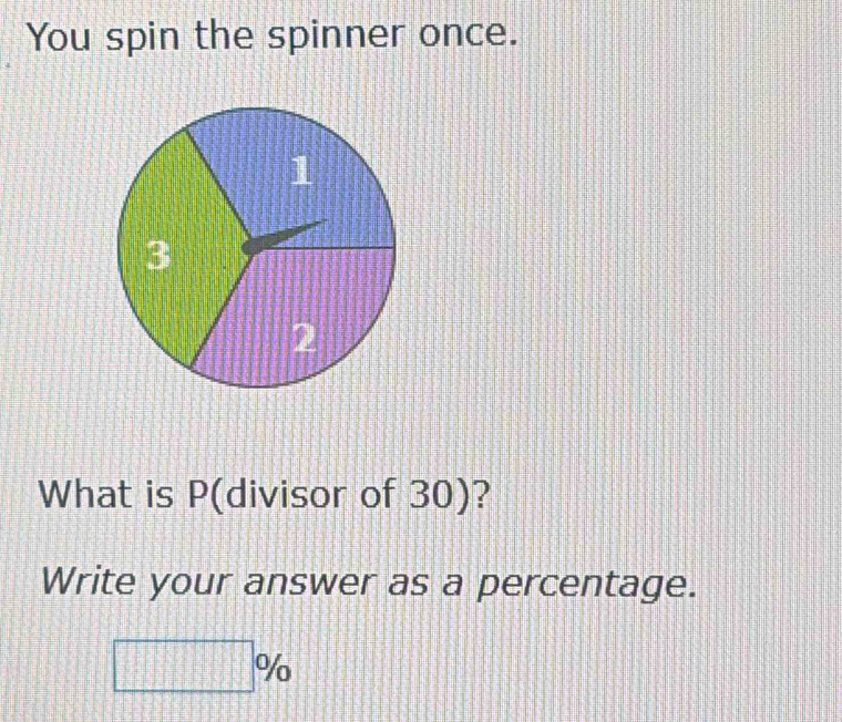 You spin the spinner once. 
What is P (divisor of 30)? 
Write your answer as a percentage.
□ %